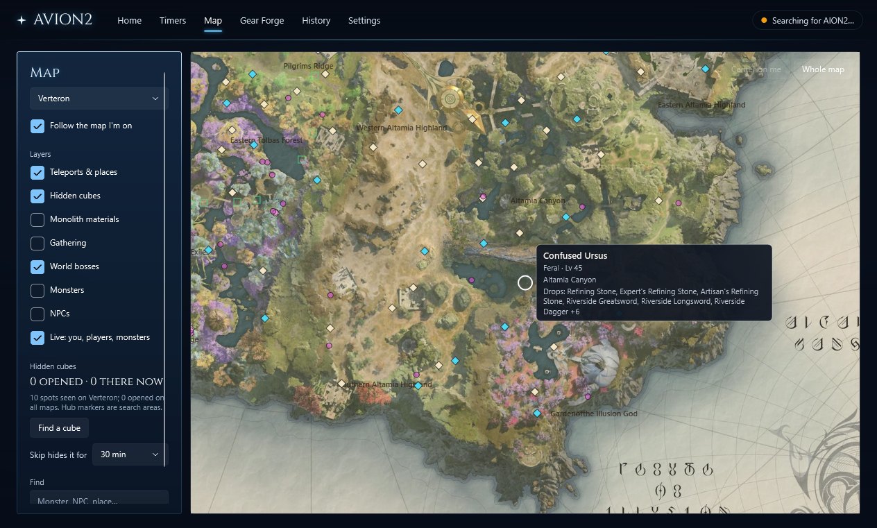 The map tab: Verteron with teleports, hidden cube areas and a monster card with its drops