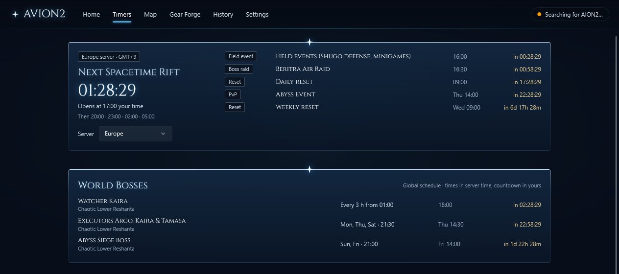 The timers tab: next Spacetime Rift, events, Reshanta world bosses and field boss respawns